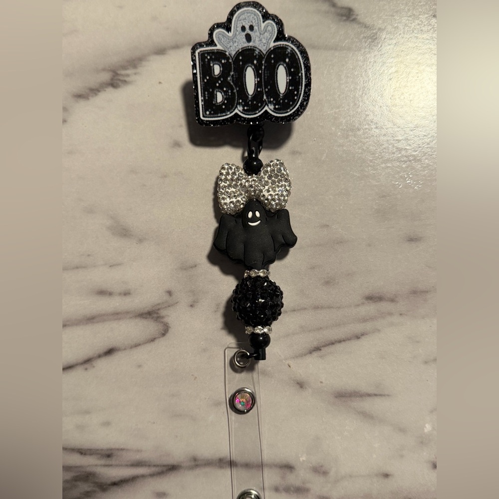 Handmade Halloween Boo Ghost Badge Reel ID holder Alligator Swivel Clip